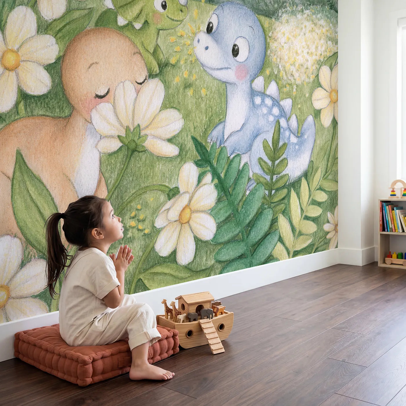 Child in nursery with The Flower Sniffers Wallpaper Mural by Whimsy Tots