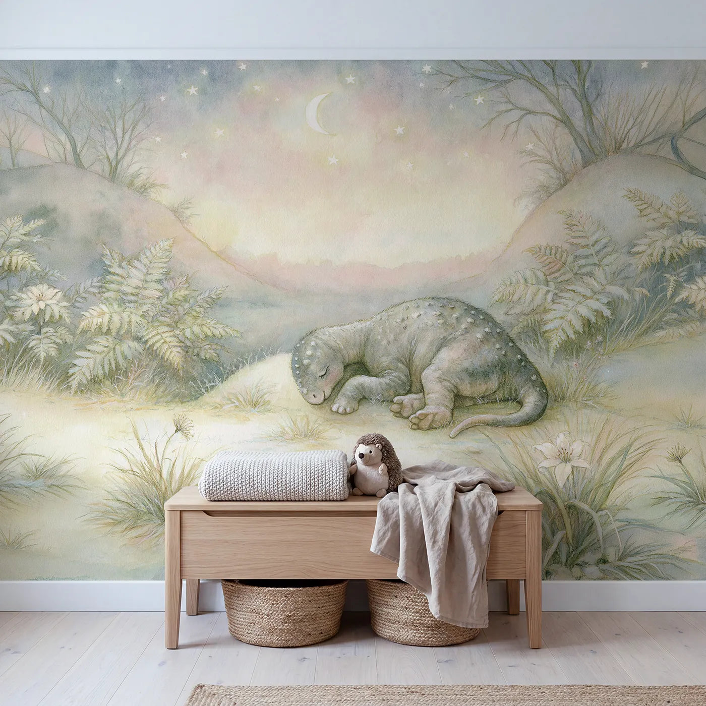 Tiny Dino Dreams Wallpaper Mural in playroom setting by Whimsy Tots
