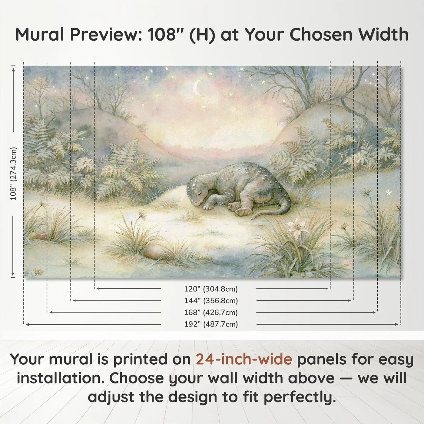 Panel layout and dimensions for Tiny Dino Dreams Wallpaper Mural by Whimsy Tots