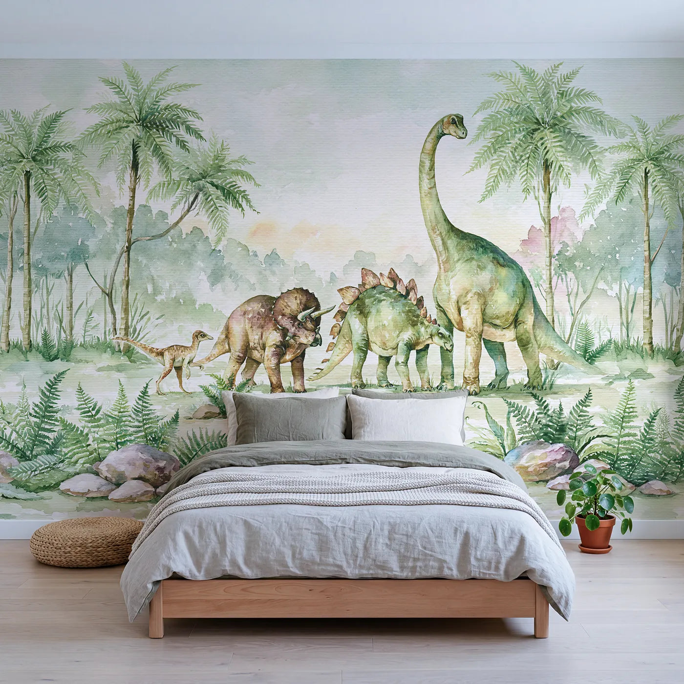 Watercolor wall mural of a gentle dinosaur size chart by Whimsy Tots