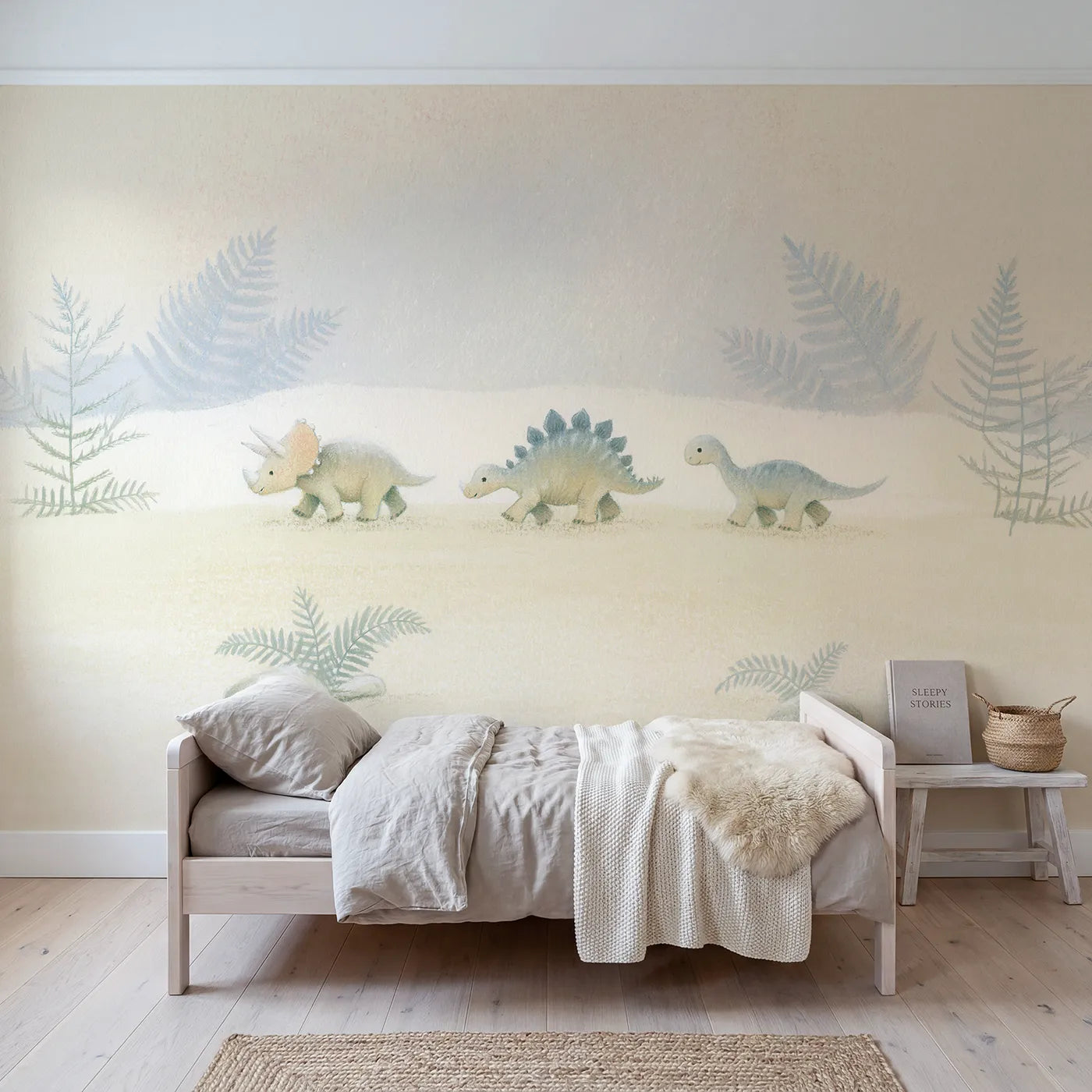 Colored-pencil wall mural of a gentle dinosaur alphabet by Whimsy Tots