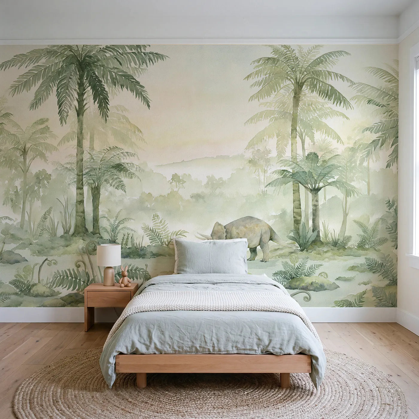 Watercolor wall mural of a misty prehistoric habitat dawn by Whimsy Tots