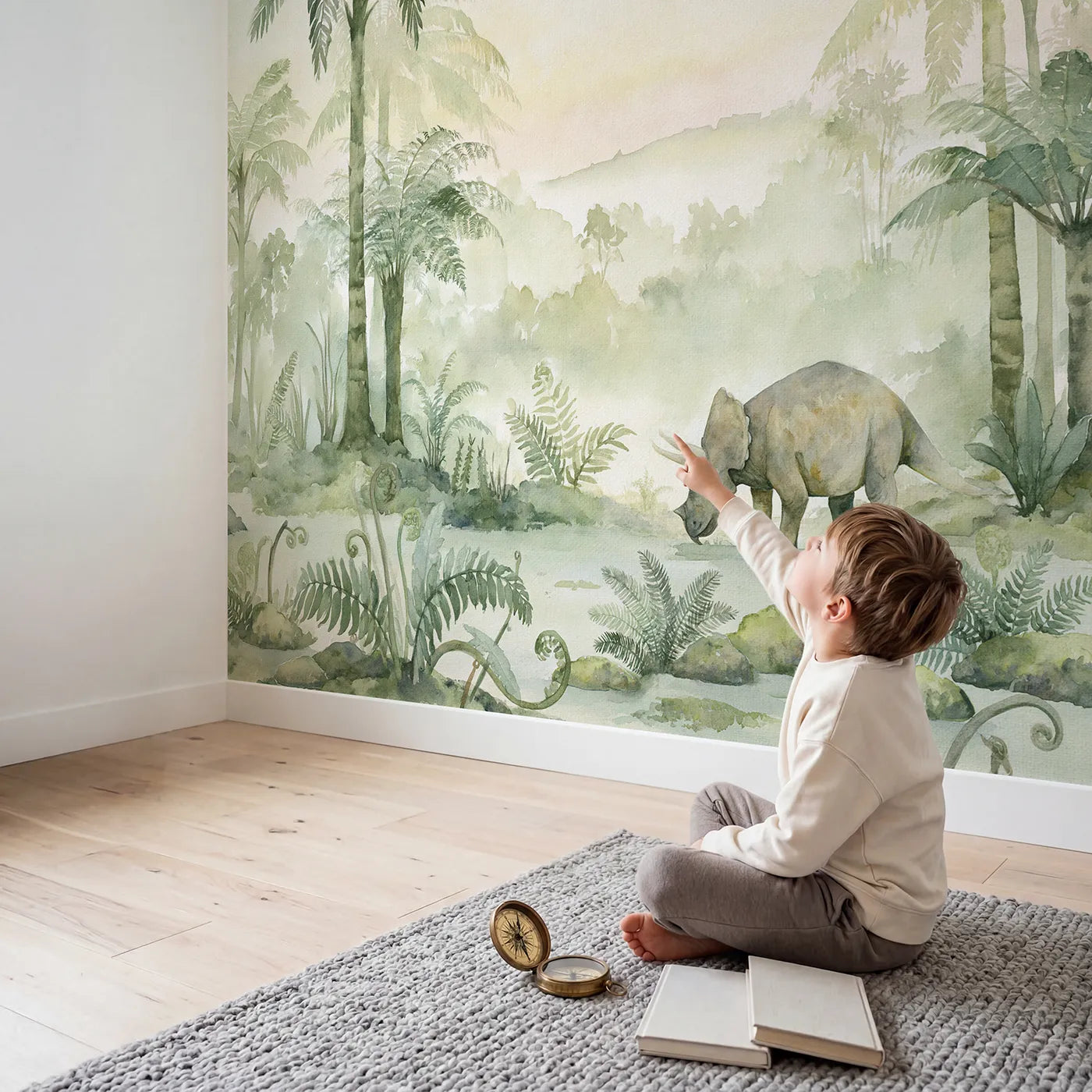 Child in nursery with Prehistoric Habitat Dawn Wallpaper Mural by Whimsy Tots