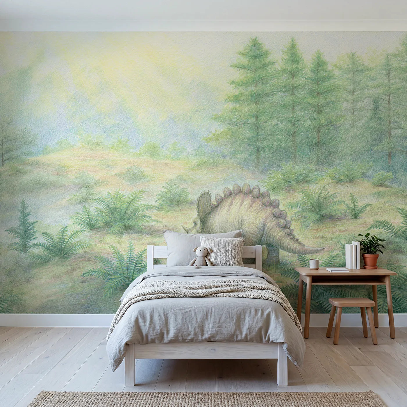 Colored-pencil wall mural of a soft stegosaurus by Whimsy Tots