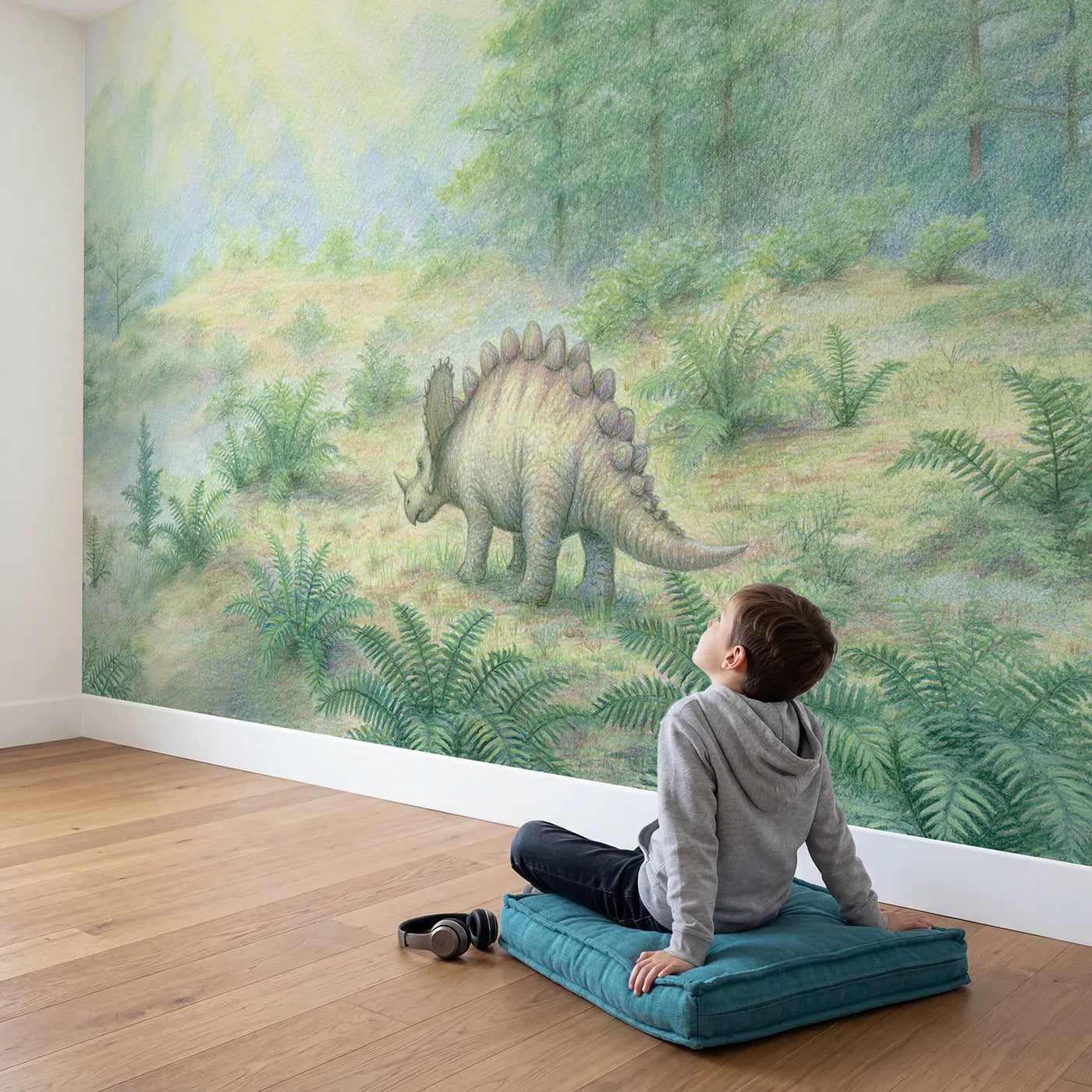 Child in nursery with Soft Stegosaurus Wallpaper Mural by Whimsy Tots