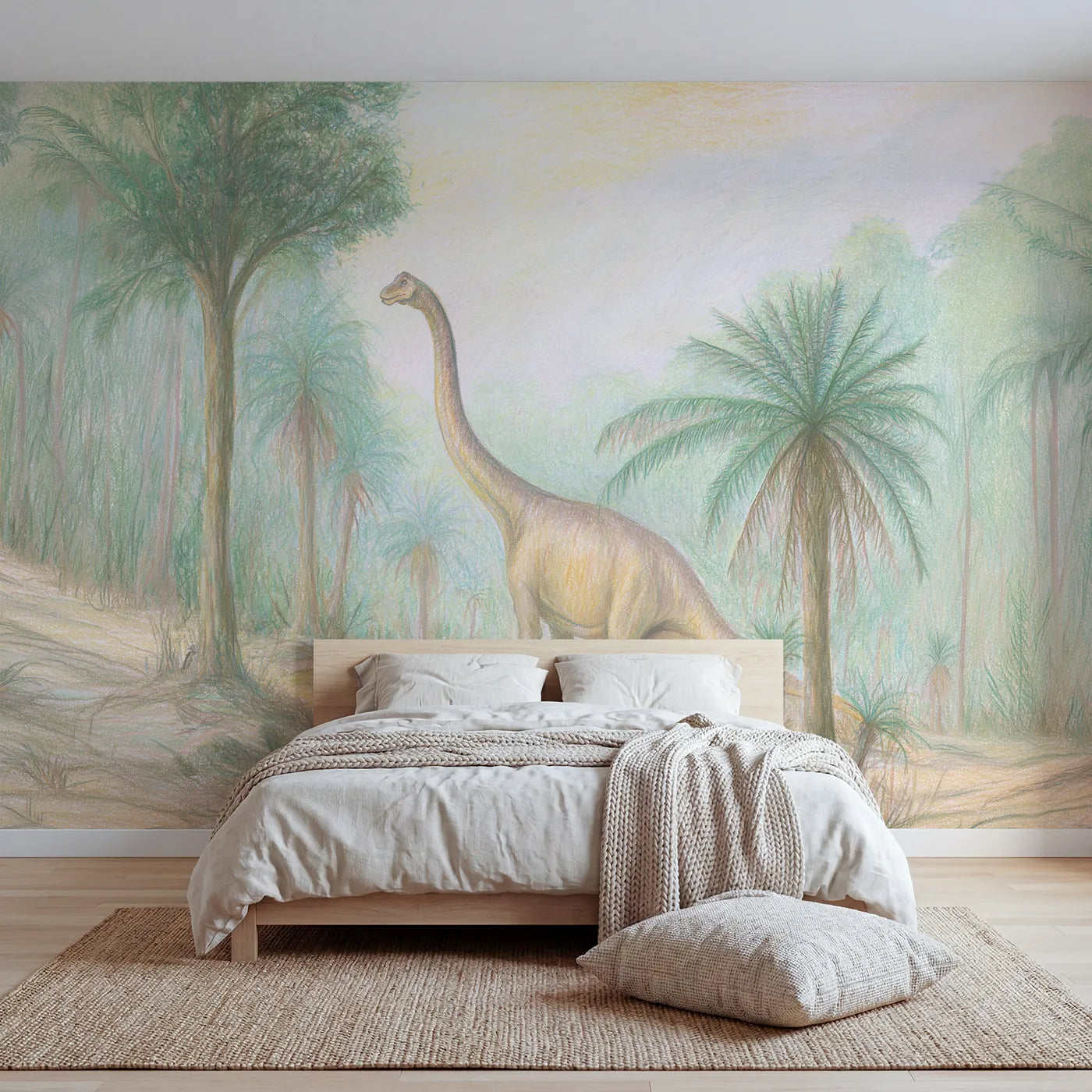 Colored-pencil wall mural of a tall brachiosaurus by Whimsy Tots