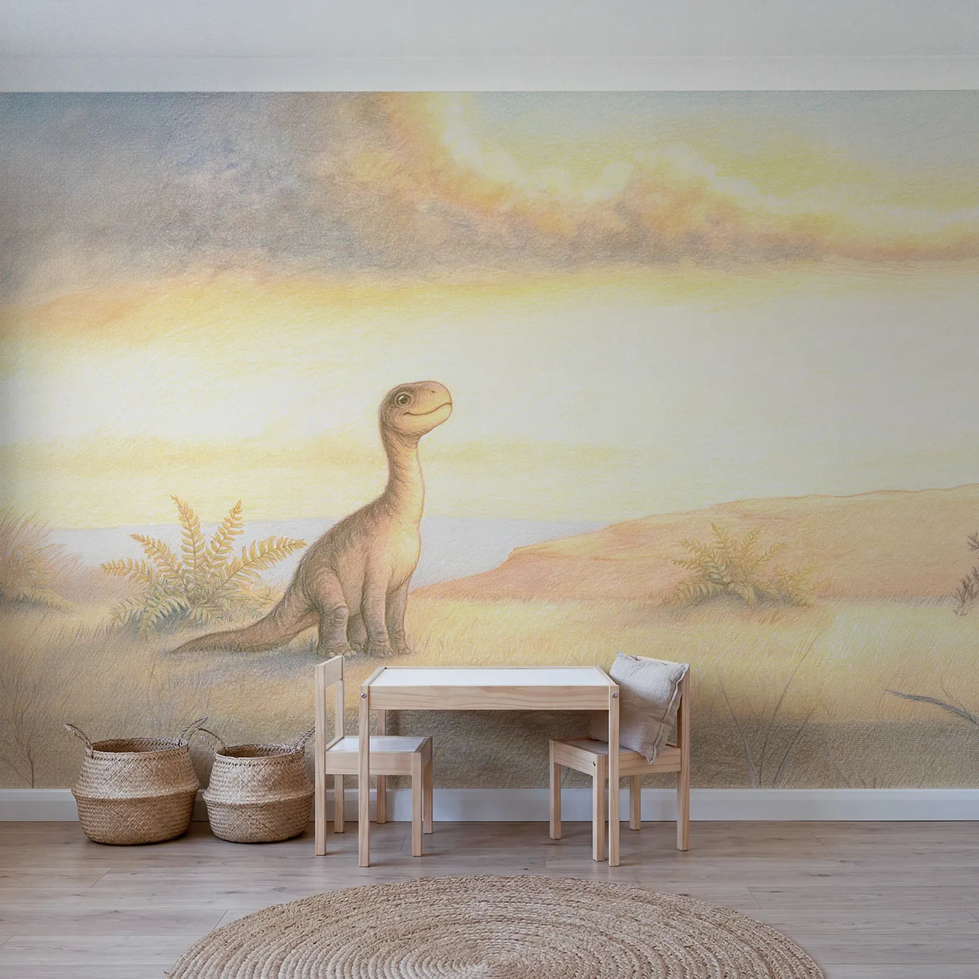 Colored-pencil wall mural of a friendly little rex by Whimsy Tots
