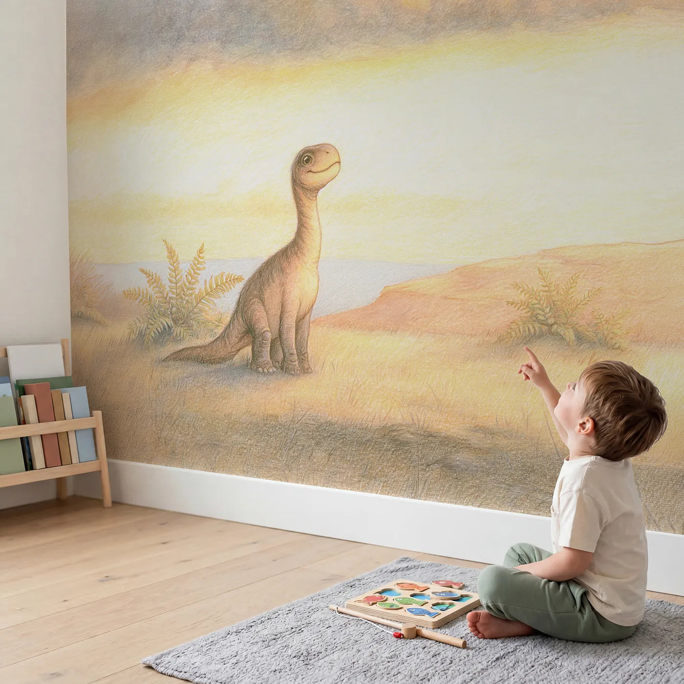 Child in nursery with Friendly Little Rex Wallpaper Mural by Whimsy Tots