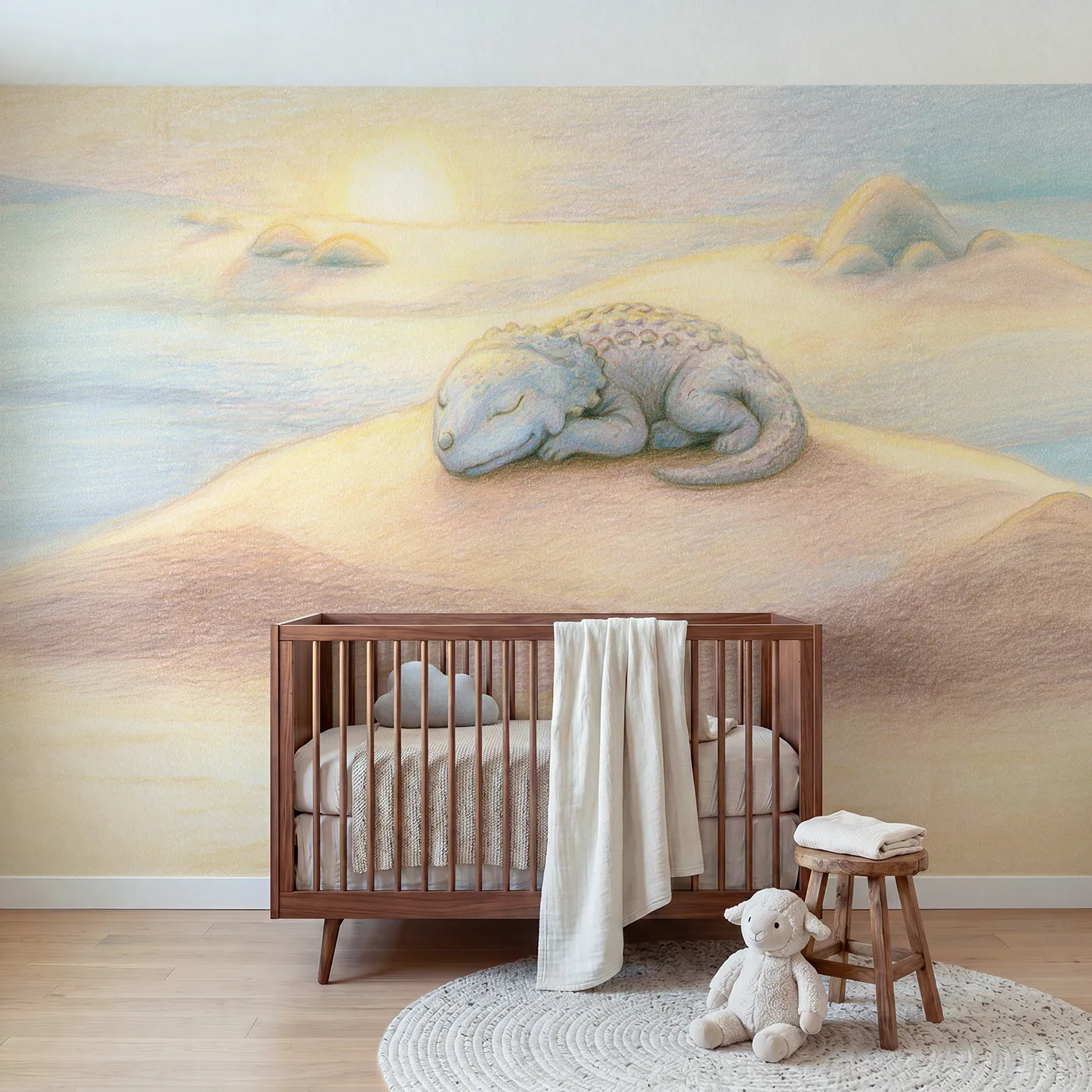 Colored-pencil wall mural of a sleeping tiny hatchling by Whimsy Tots