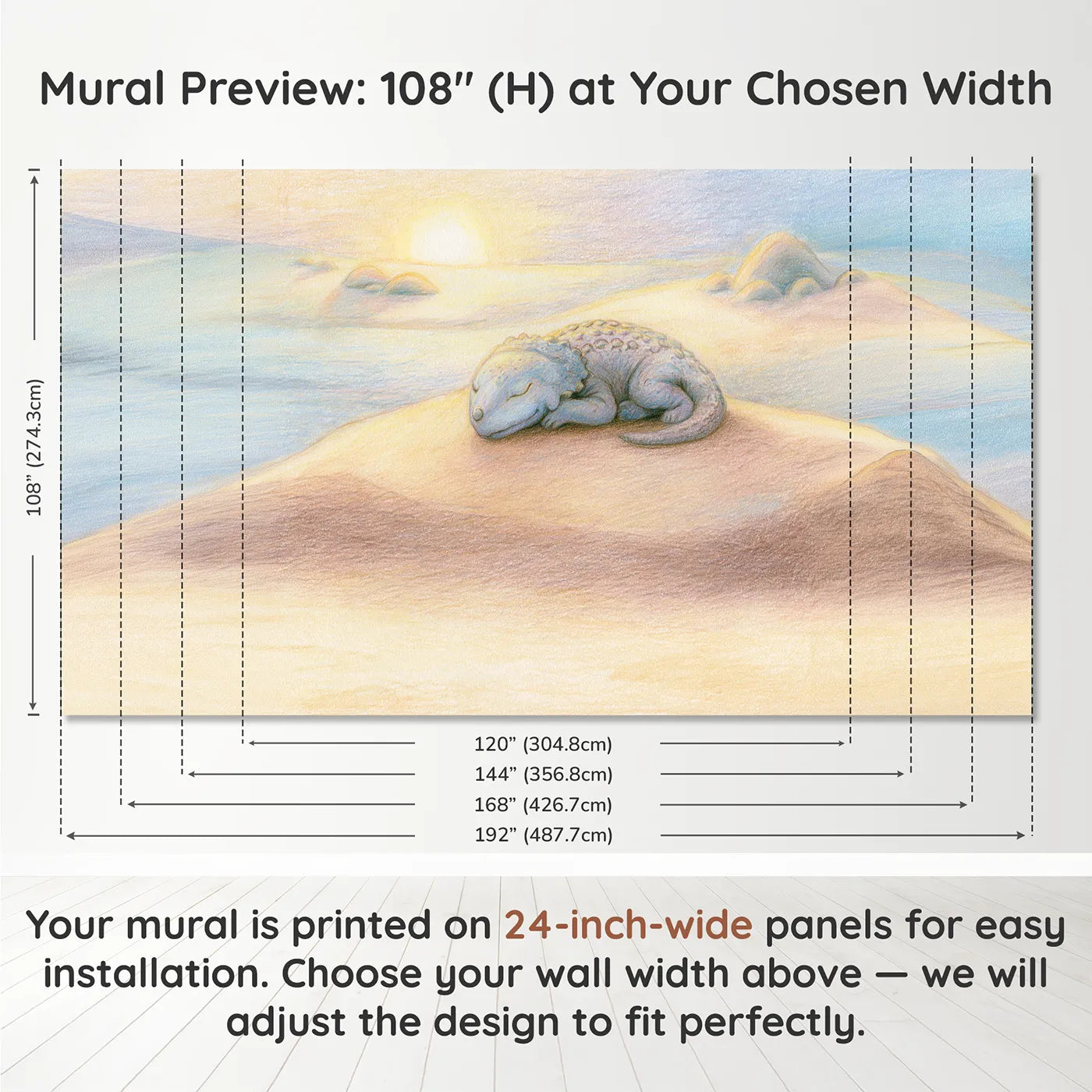 Panel layout and dimensions for Sleepy Hatchling Wallpaper Mural by Whimsy Tots