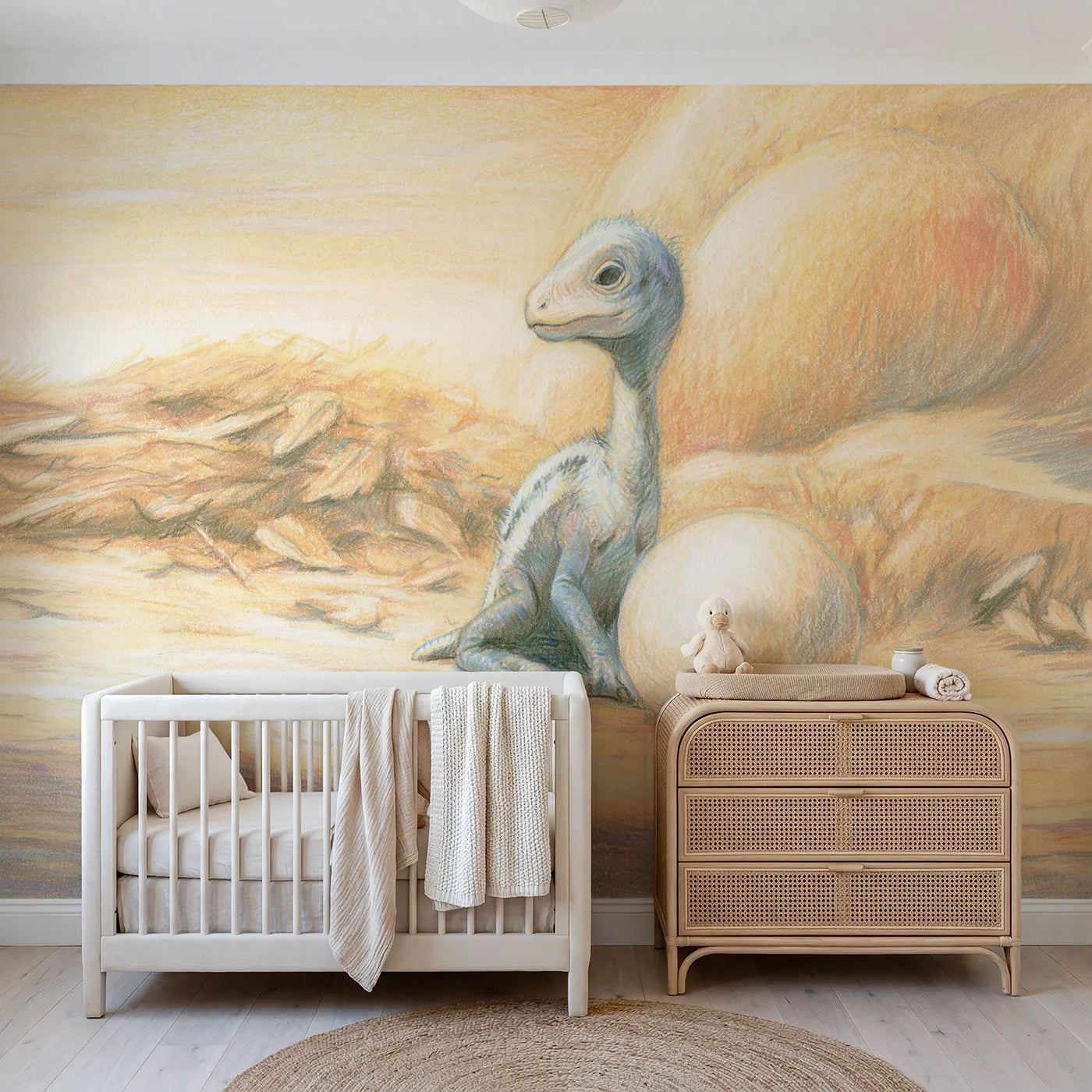 Colored-pencil wall mural of a hatchling beside its egg by Whimsy Tots