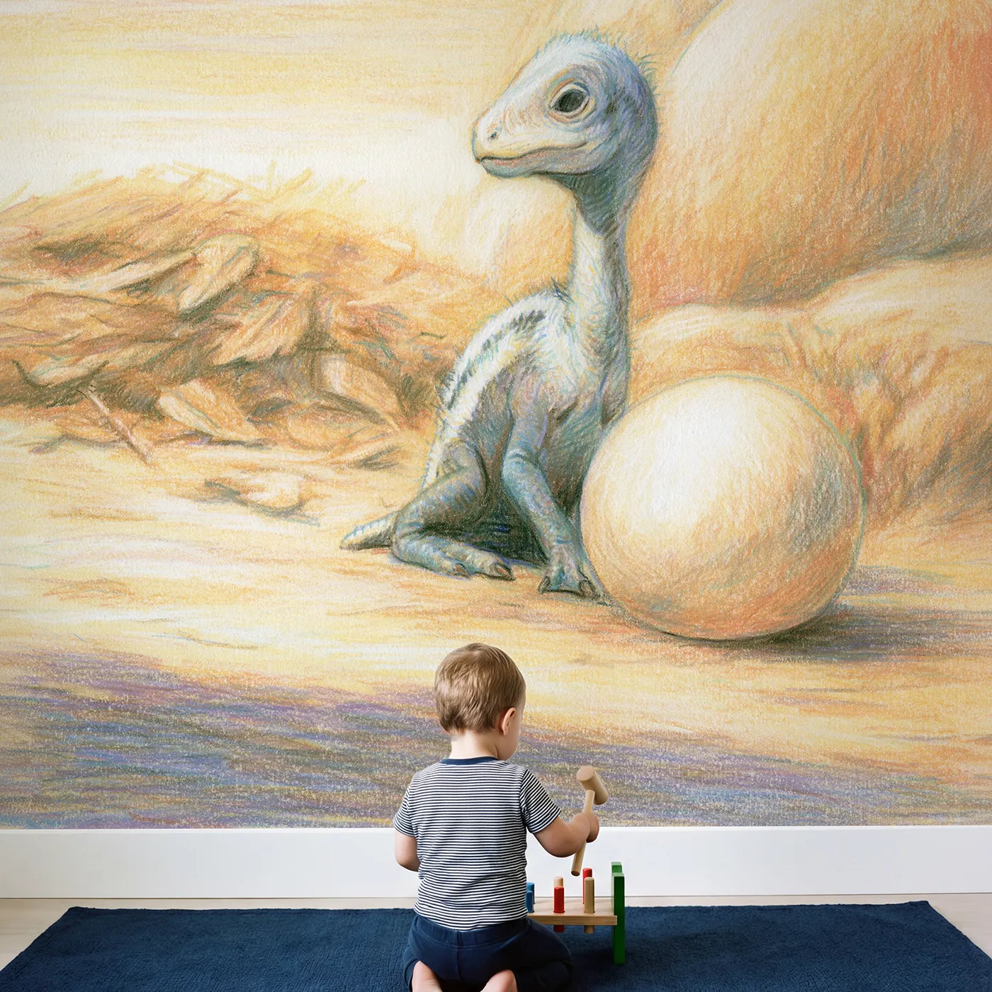 Child in nursery with Little Dino Hatchling Wallpaper Mural by Whimsy Tots