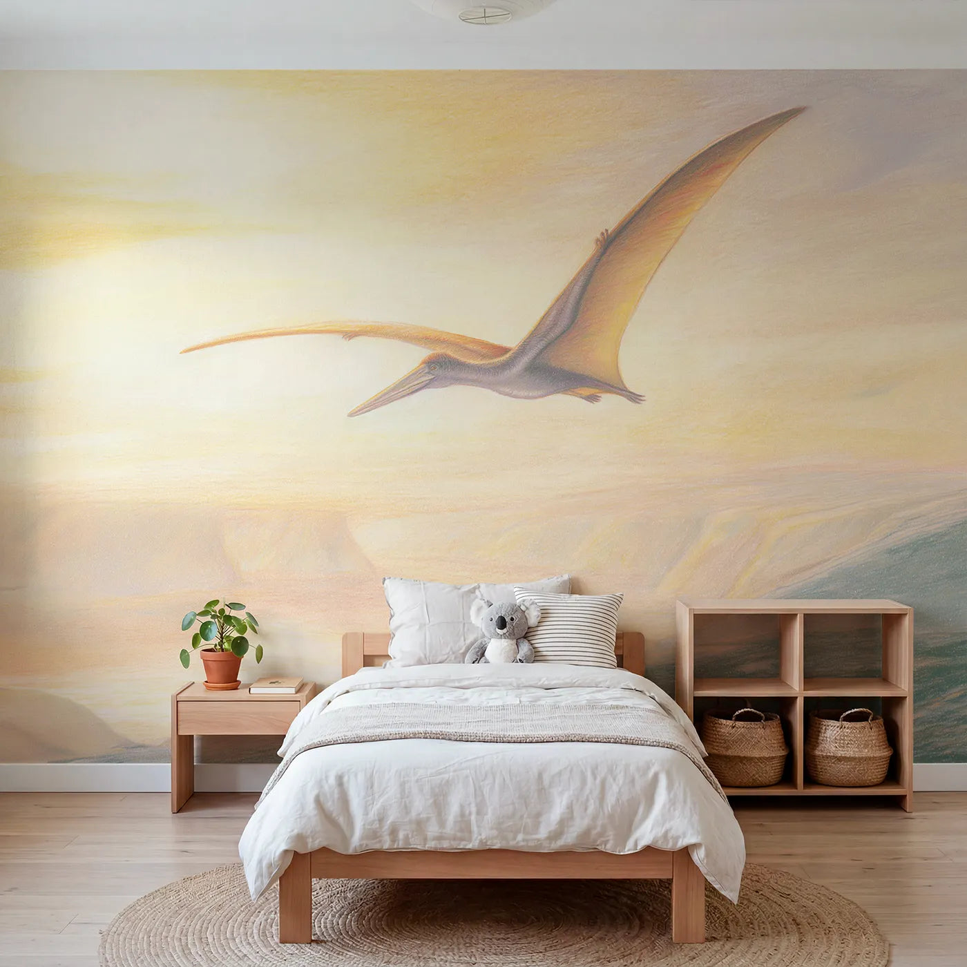 Colored-pencil wall mural of a gentle gliding pteranodon by Whimsy Tots