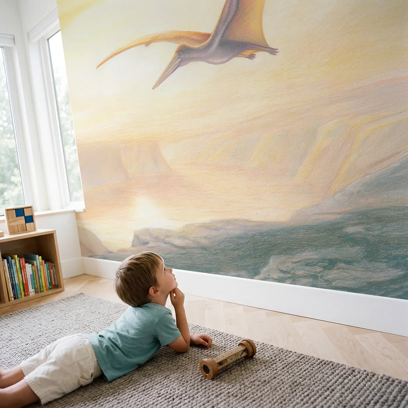 Child in nursery with Gentle Pteranodon Wallpaper Mural by Whimsy Tots