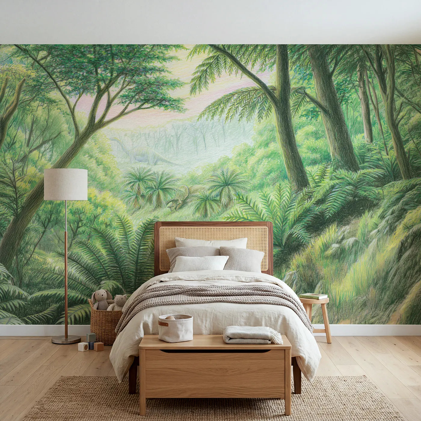 Colored-pencil wall mural of a lush prehistoric fern glade by Whimsy Tots