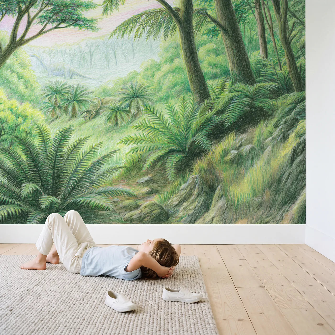 Child in nursery with Prehistoric Fern Glade Wallpaper Mural by Whimsy Tots