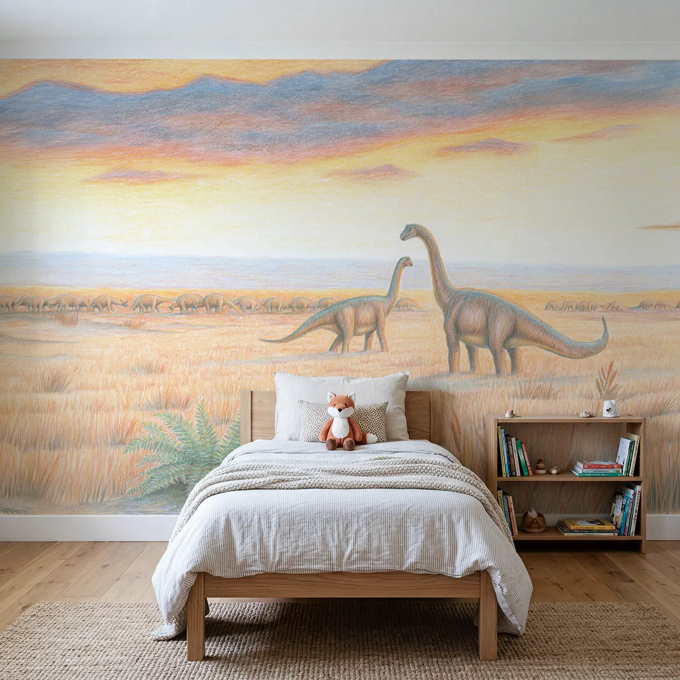 Colored-pencil wall mural of a distant sauropod herd by Whimsy Tots