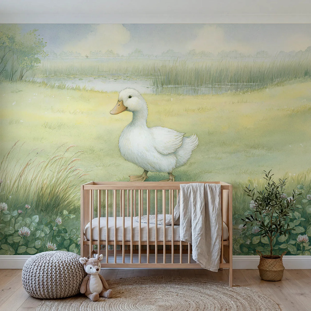 Storybook wall mural of a waddling duck pal by Whimsy Tots