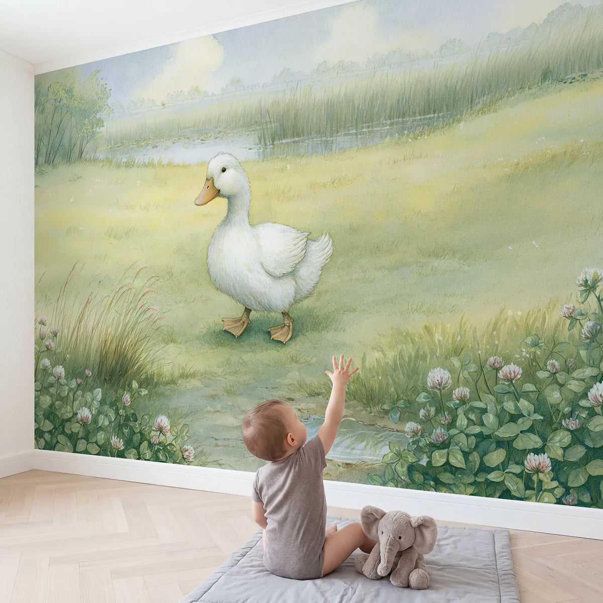 Child in nursery with Waddling Duck Pal Wallpaper Mural by Whimsy Tots