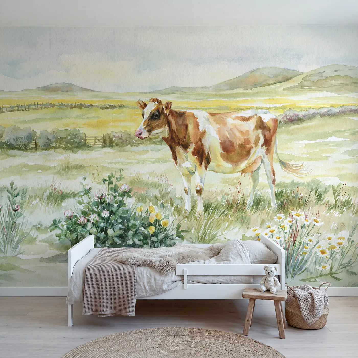 Watercolor wall mural of a gentle pasture cow by Whimsy Tots