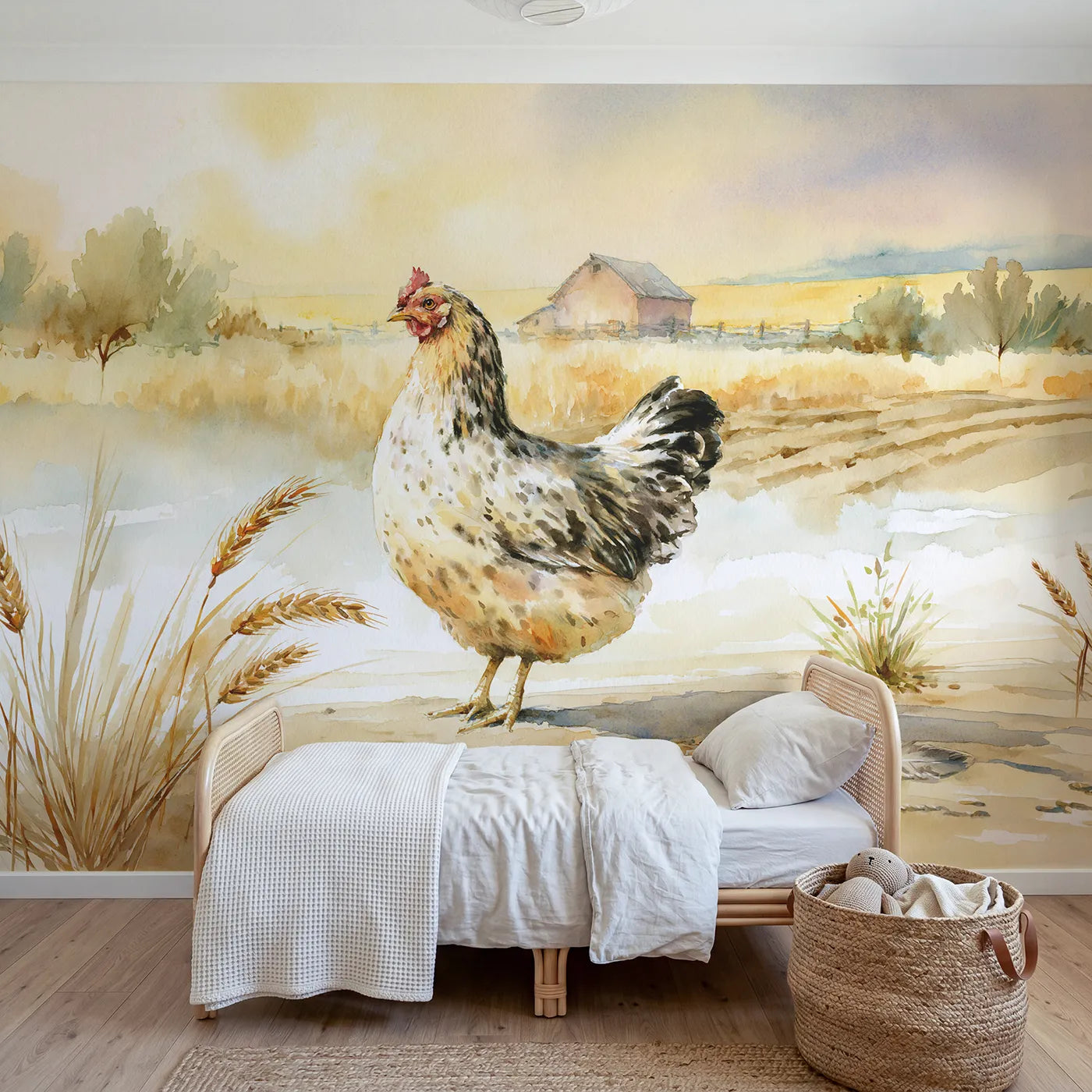 Watercolor wall mural of a speckled hen study by Whimsy Tots