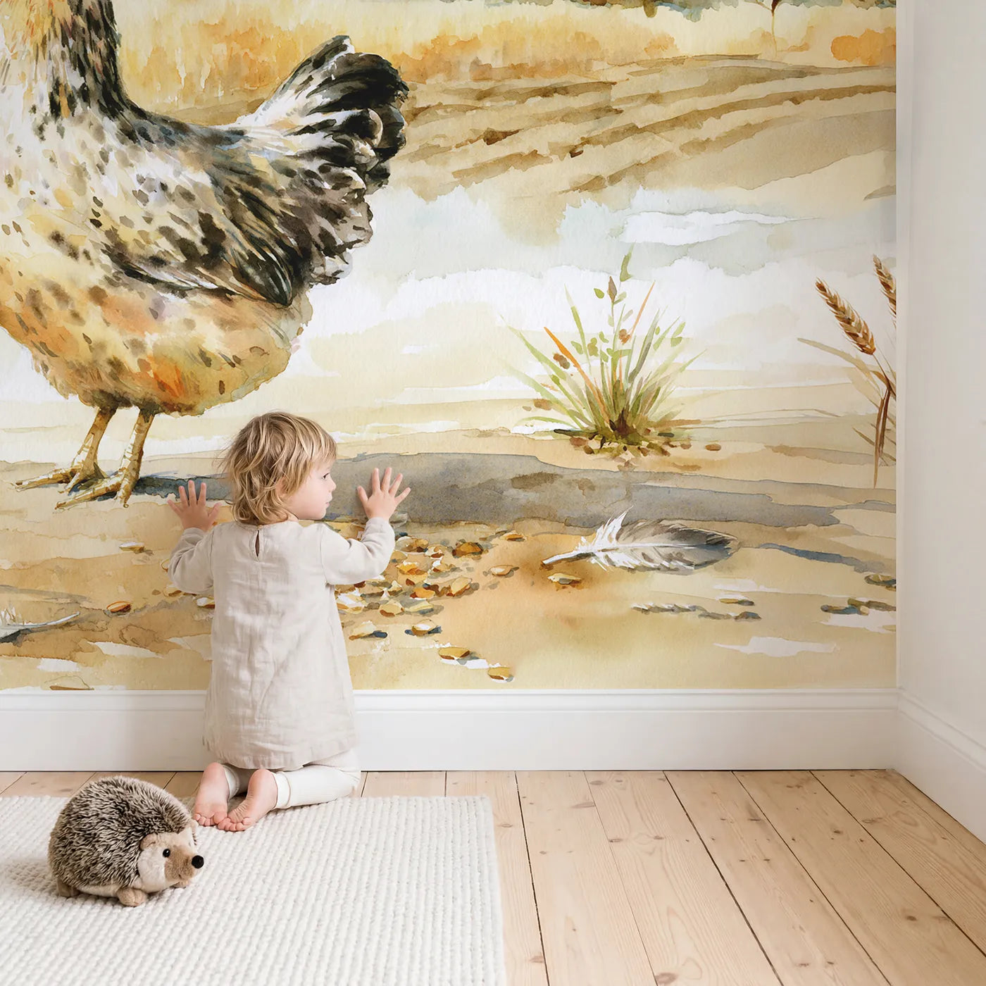 Child in nursery with Speckled Hen Study Wallpaper Mural by Whimsy Tots