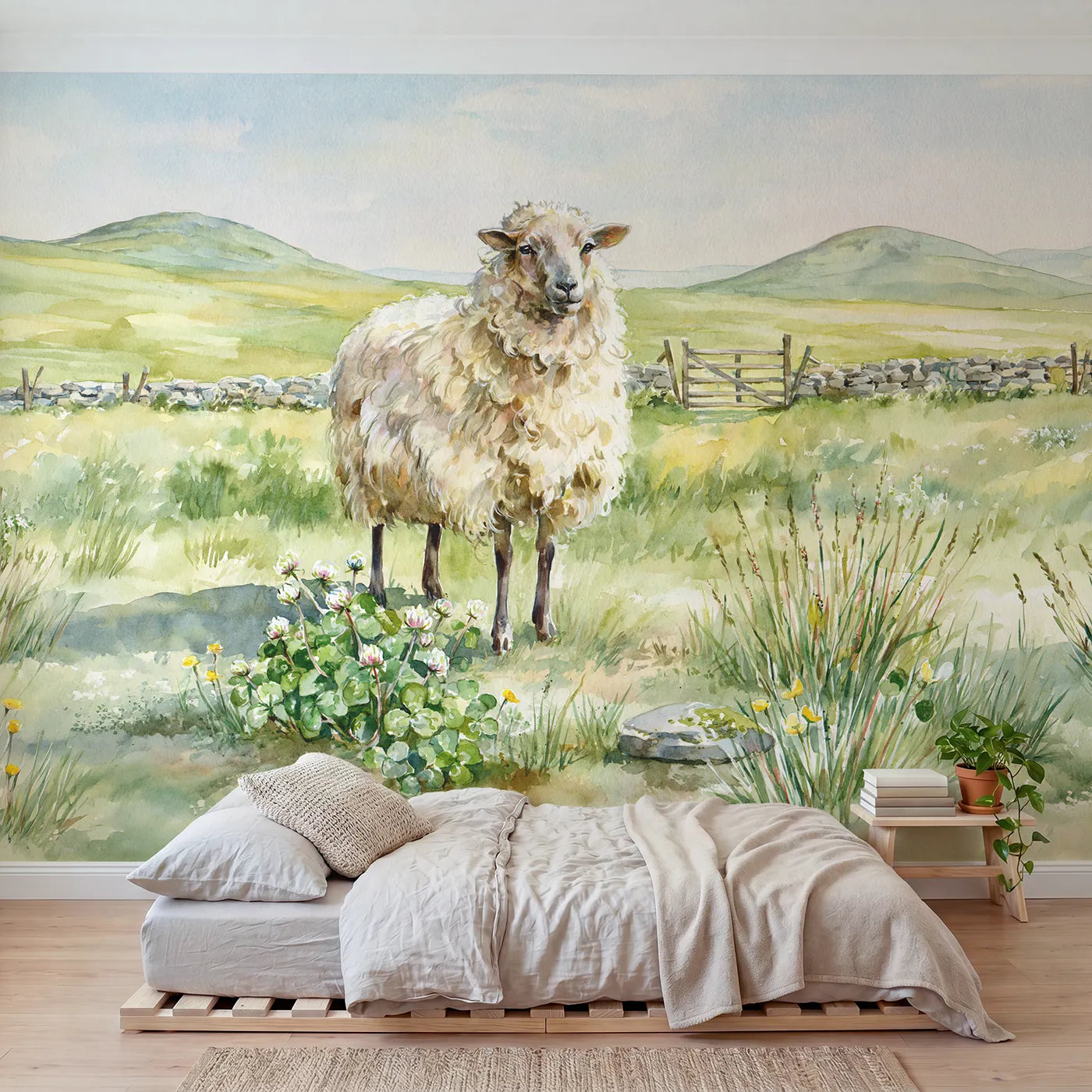 Watercolor wall mural of a curly wool sheep by Whimsy Tots