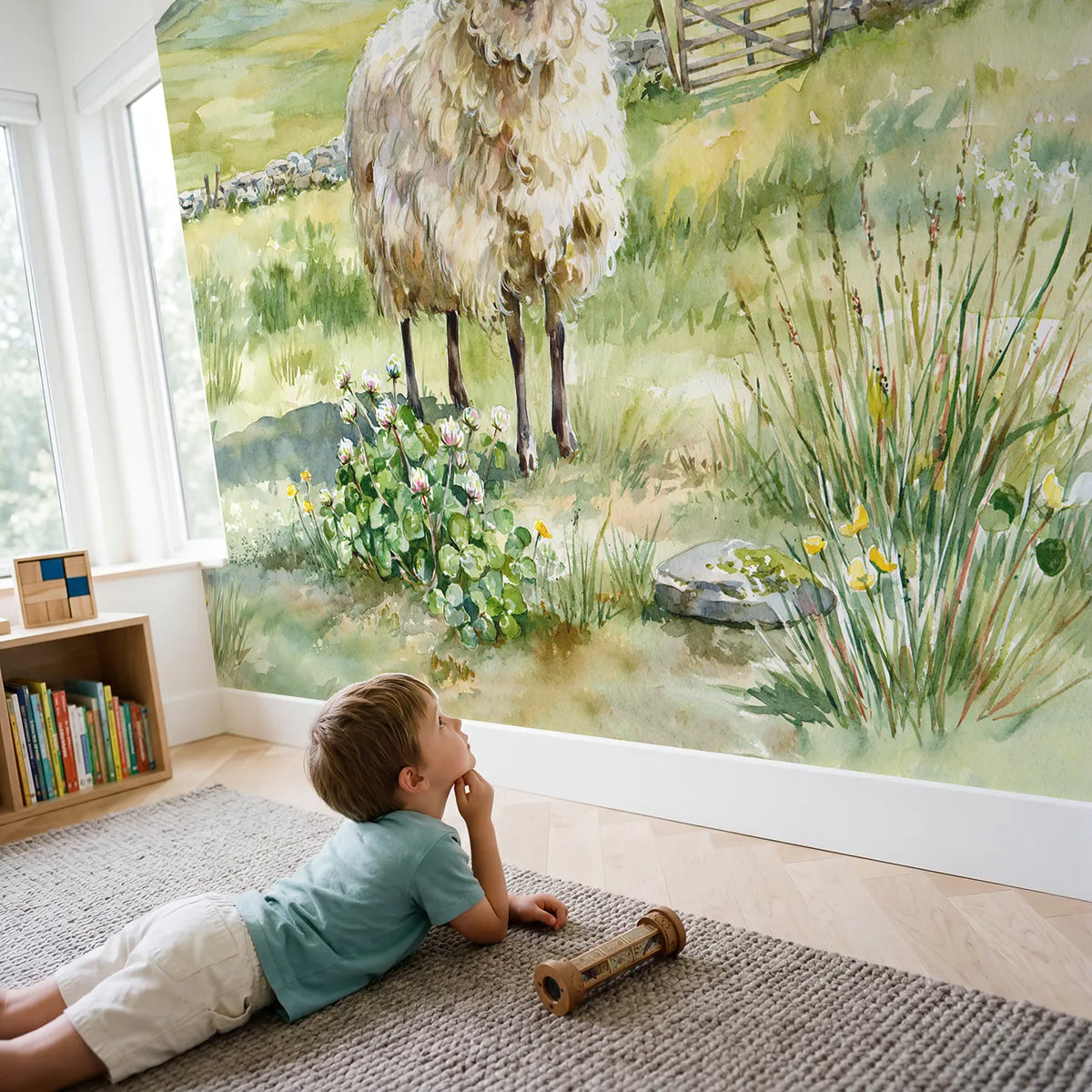 Child in nursery with Curly Wool Sheep Wallpaper Mural by Whimsy Tots