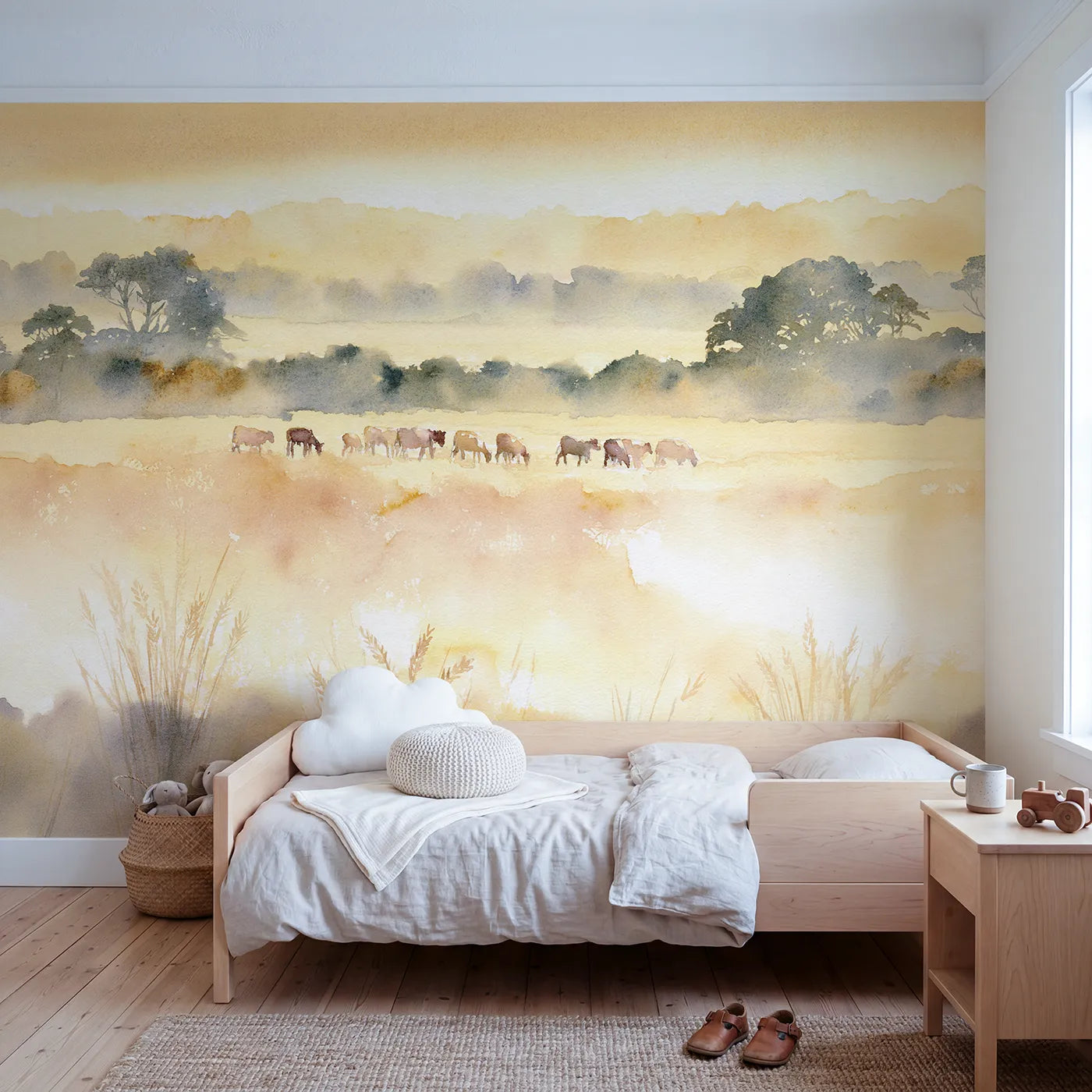 Watercolor wall mural of cattle grazing at dawn by Whimsy Tots