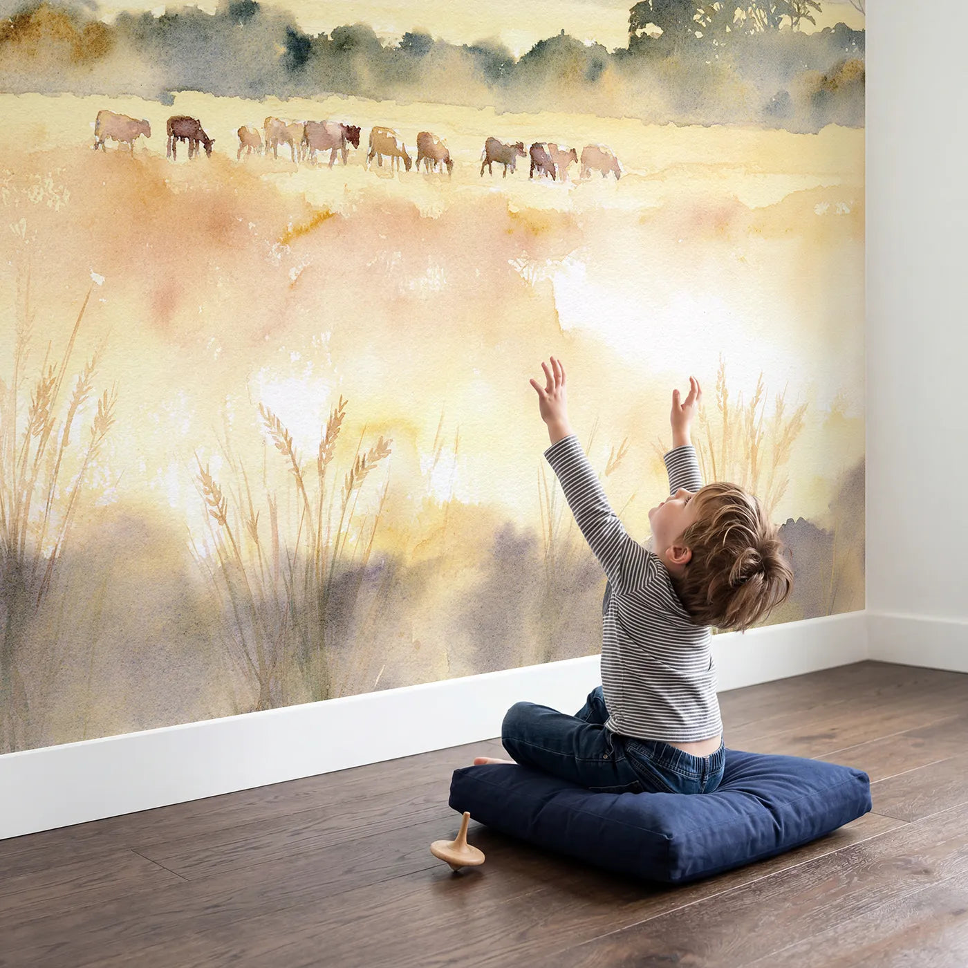 Child in nursery with Grazing Cattle Dawn Wallpaper Mural by Whimsy Tots