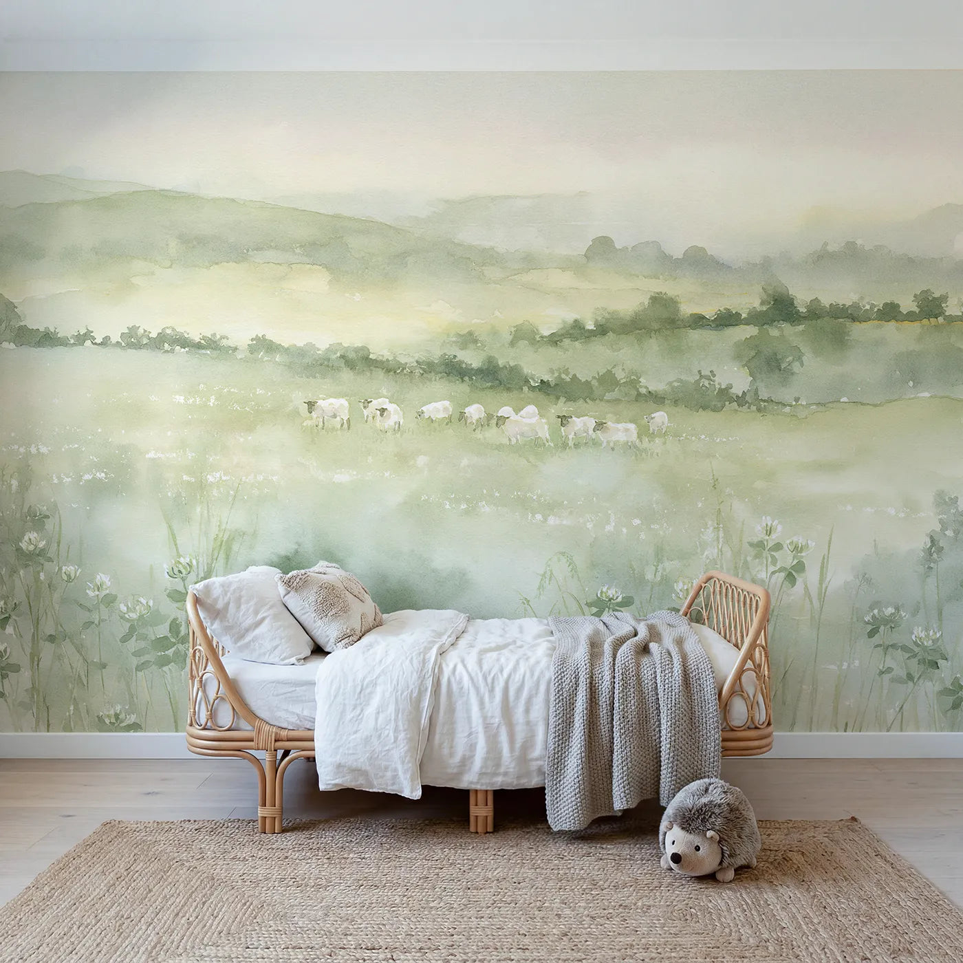 Watercolor wall mural of a misty sheep pasture by Whimsy Tots