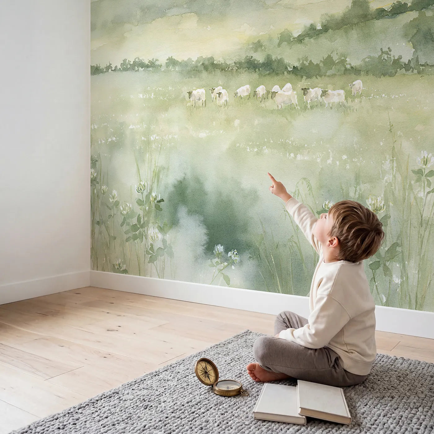 Child in nursery with Misty Sheep Pasture Wallpaper Mural by Whimsy Tots