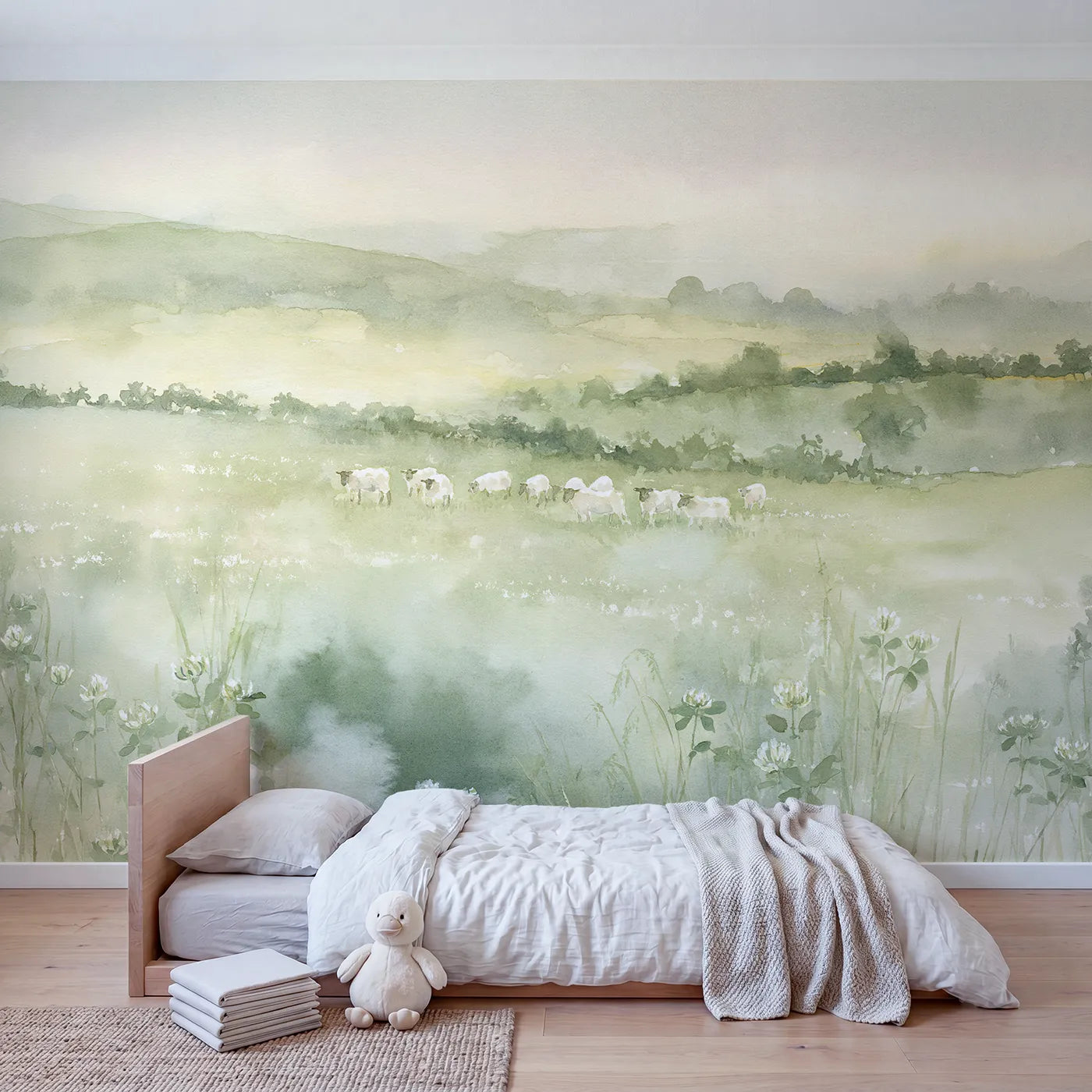Misty Sheep Pasture Wallpaper Mural in playroom setting by Whimsy Tots