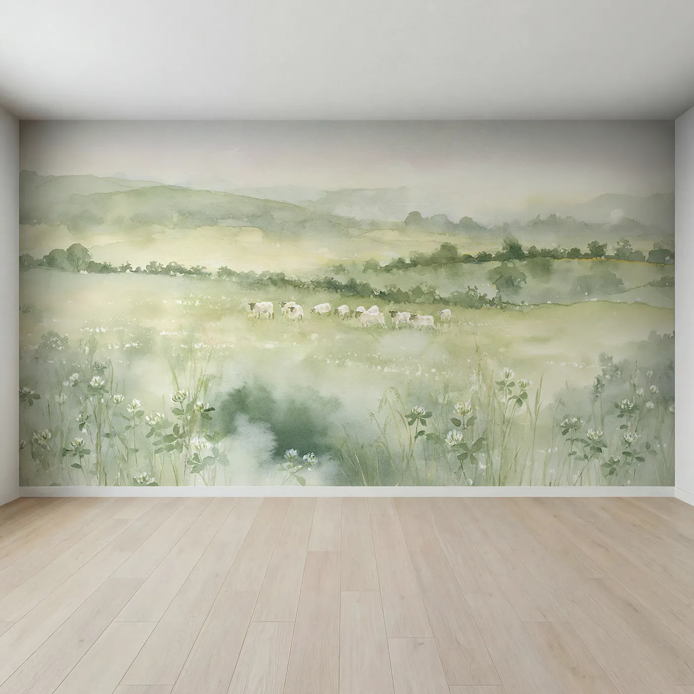 Full view of Misty Sheep Pasture Wallpaper Mural by Whimsy Tots