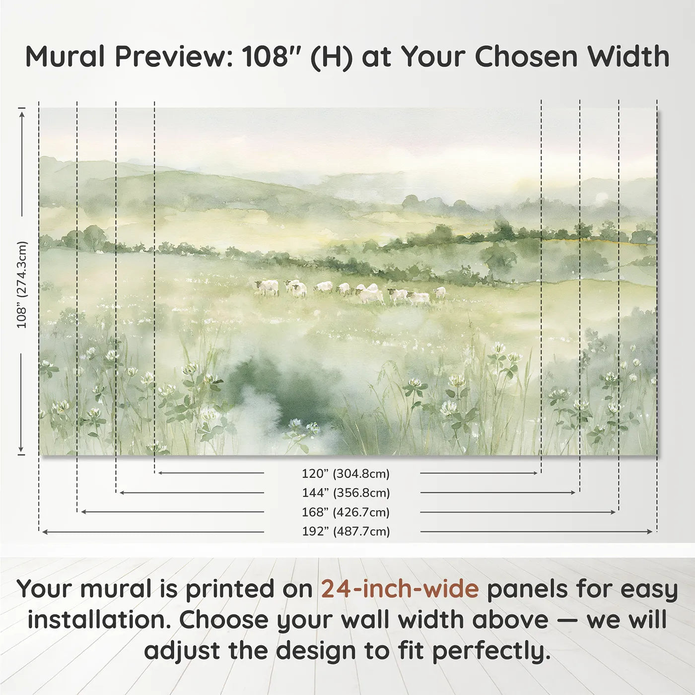 Panel layout and dimensions for Misty Sheep Pasture Wallpaper Mural by Whimsy Tots