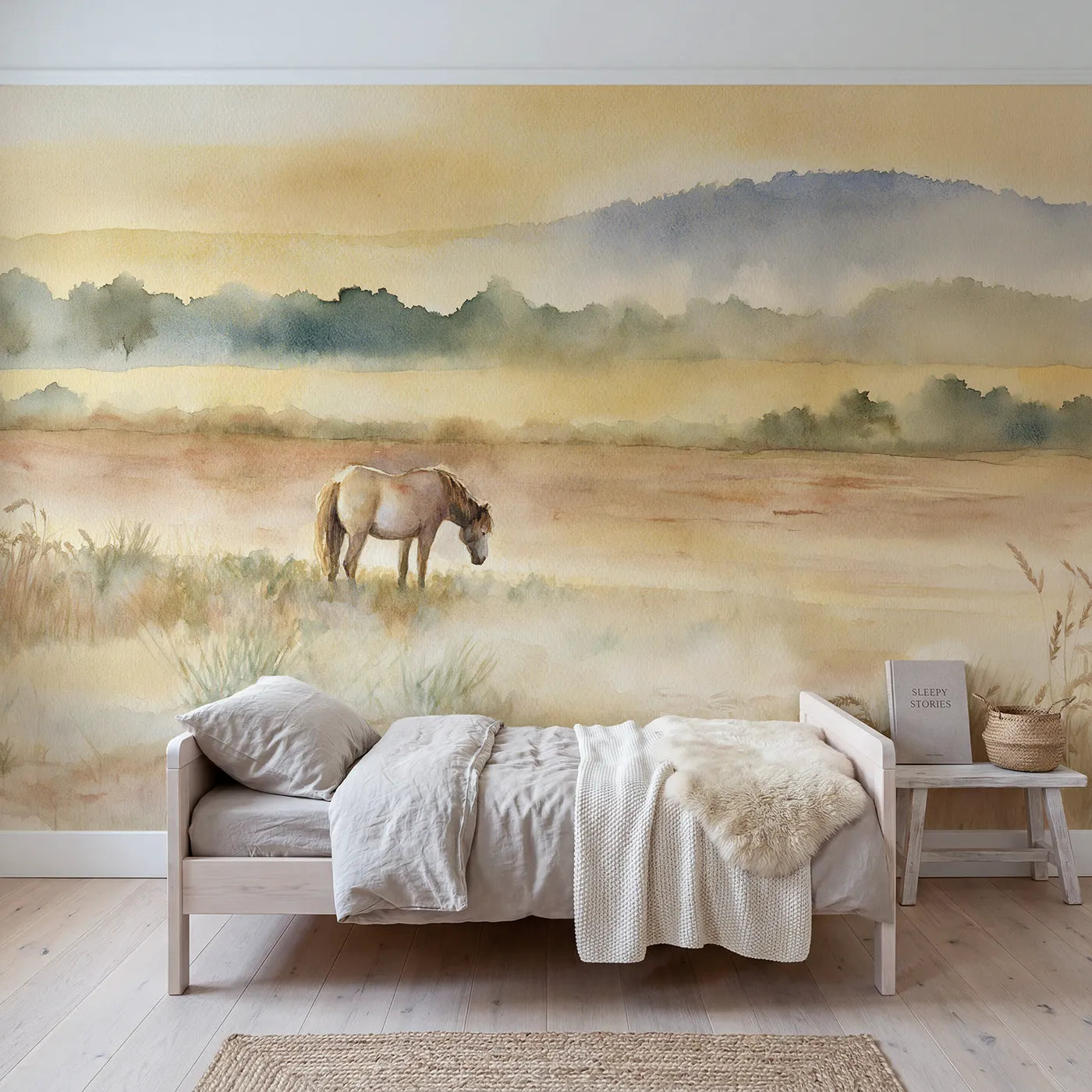 Watercolor wall mural of a quiet morning pony by Whimsy Tots
