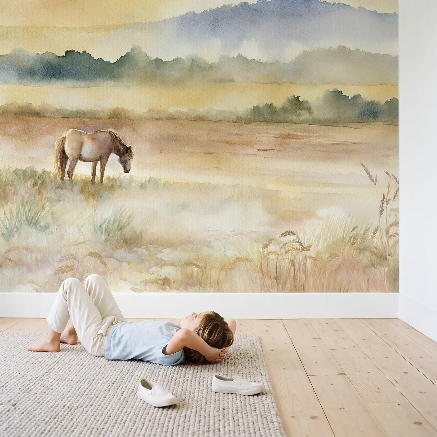 Child in nursery with Quiet Morning Pony Wallpaper Mural by Whimsy Tots