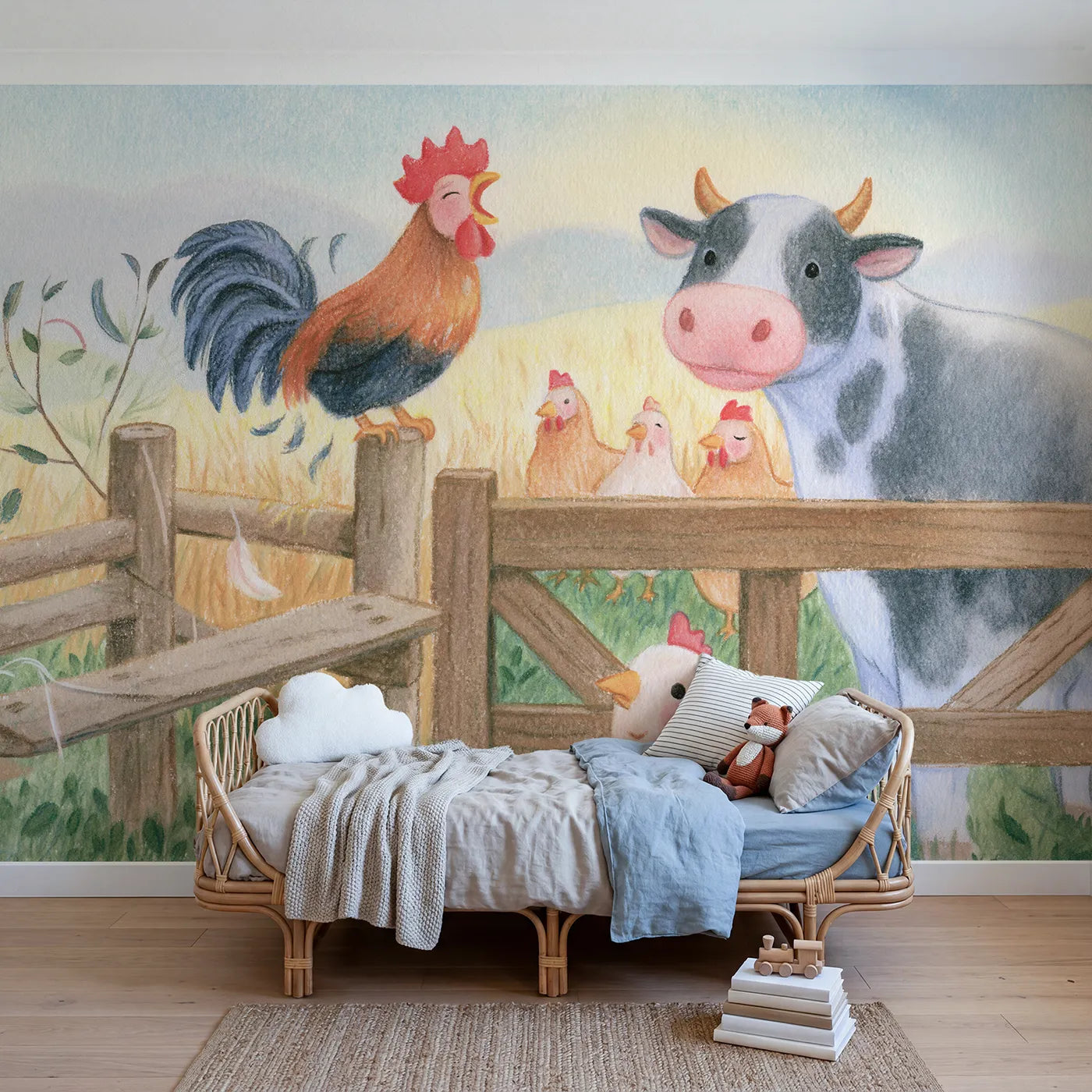 Colored Pencil rooster crowing late on a fence post, wall mural for a bedroom by Whimsy Tots