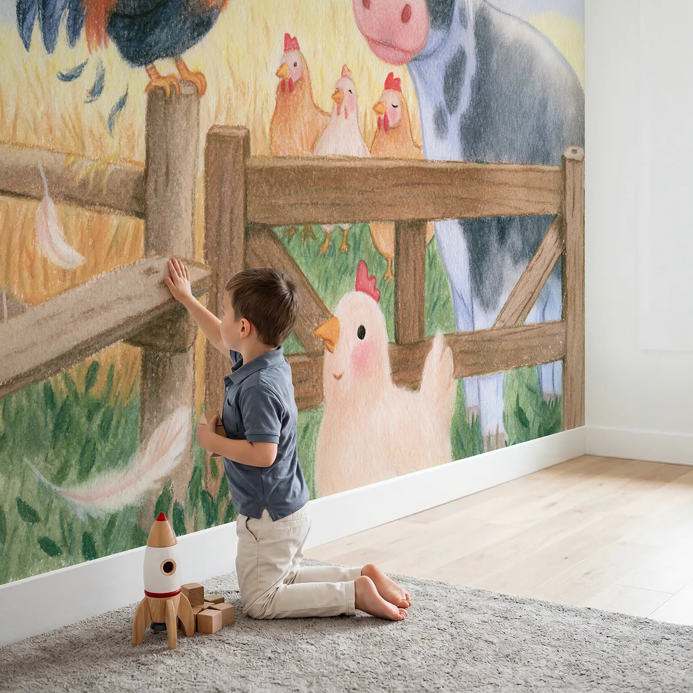Child in nursery with The Rooster Oversleeps Wallpaper Mural by Whimsy Tots