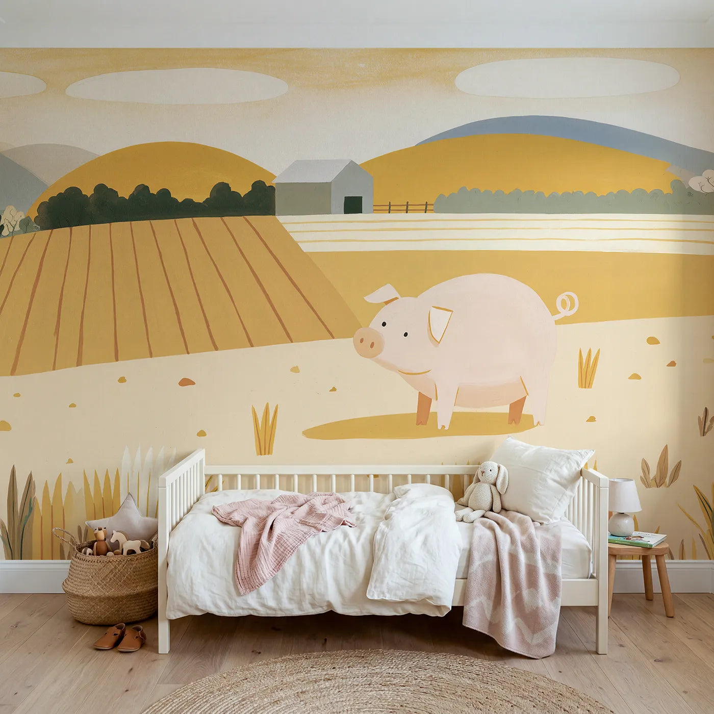 Gouache wall mural of a round folk pig by Whimsy Tots