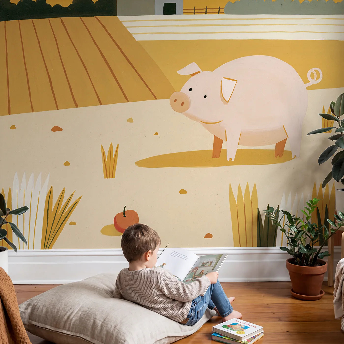 Child in nursery with Folk Round Pig Wallpaper Mural by Whimsy Tots