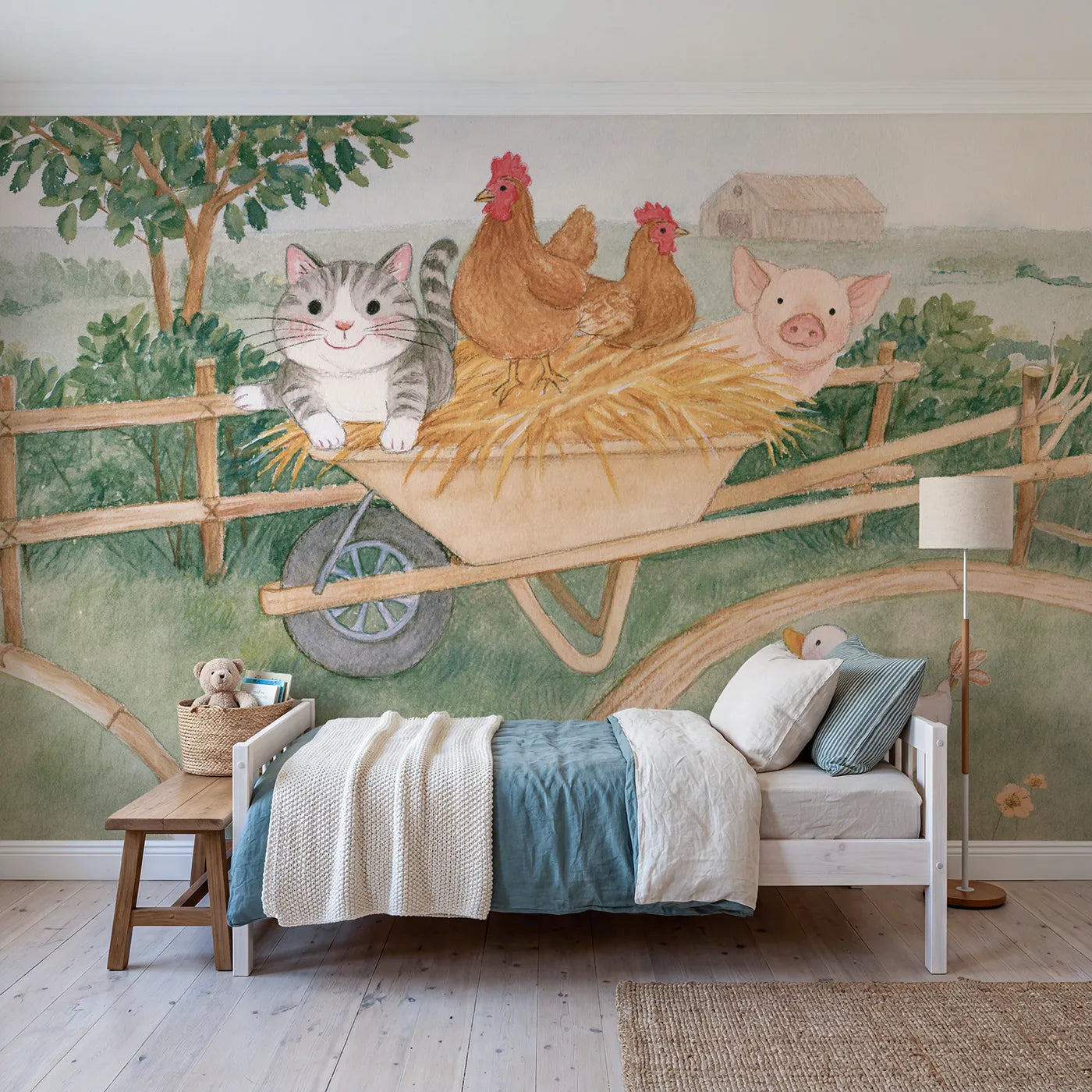 Colored Pencil wheelbarrow carrying farmyard passengers, wall mural for a playroom by Whimsy Tots