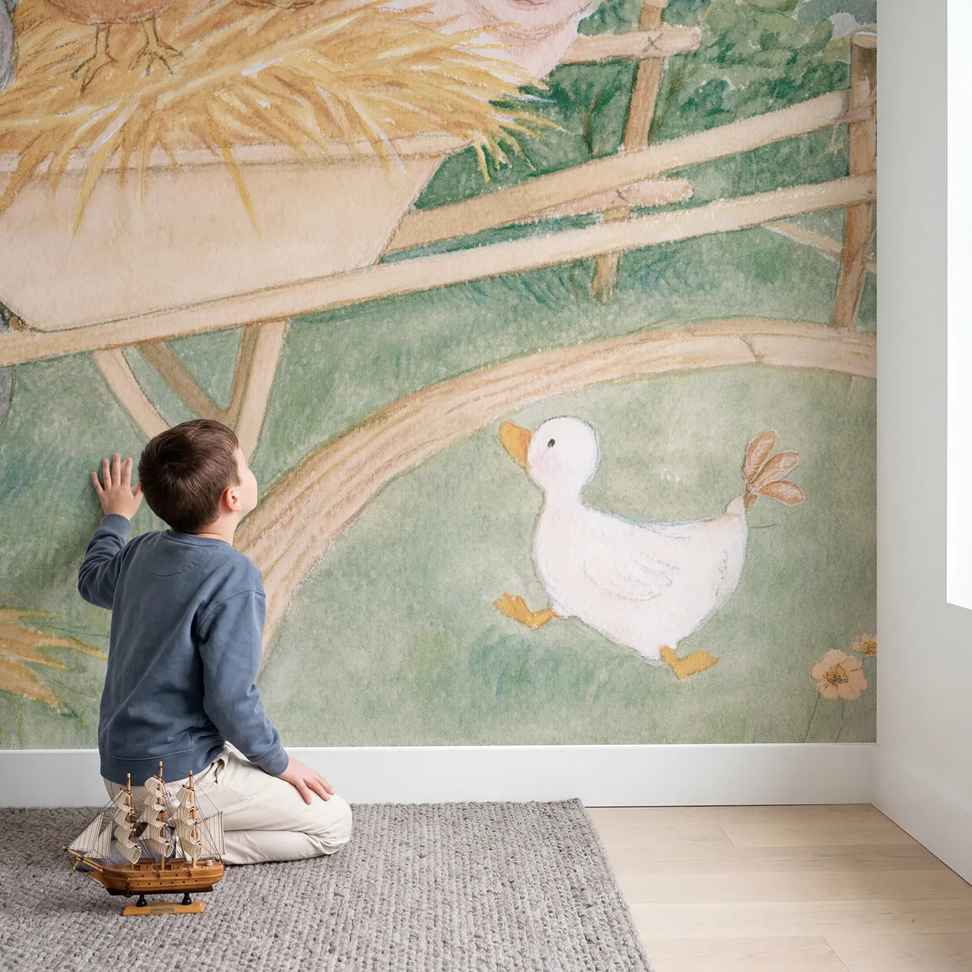 Child in nursery with The Wheelbarrow Taxi Wallpaper Mural by Whimsy Tots