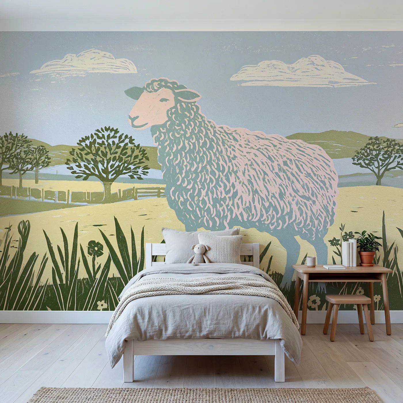 Block-print wall mural of a woolly sheep silhouette by Whimsy Tots