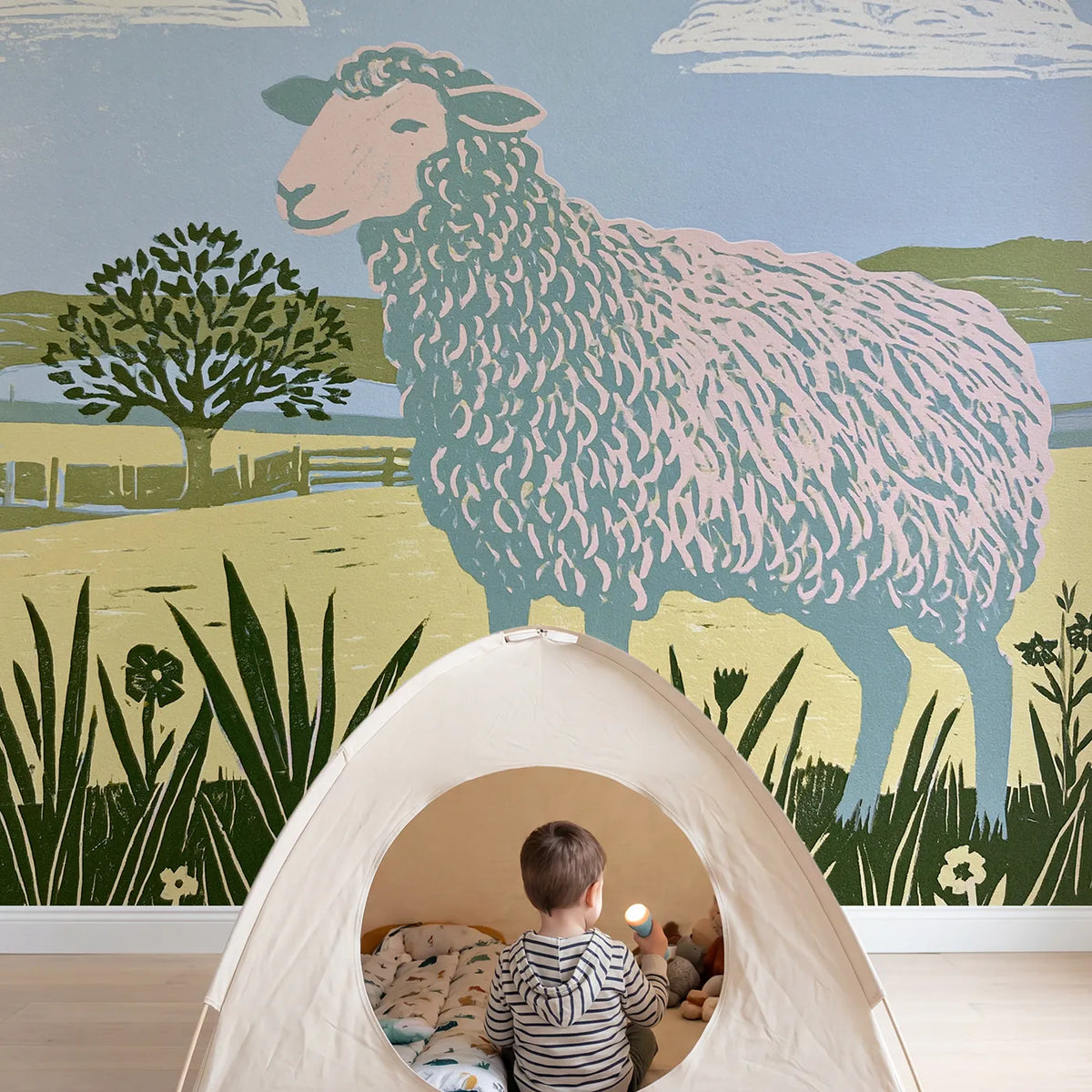 Child in nursery with Bold Sheep Silhouette Wallpaper Mural by Whimsy Tots
