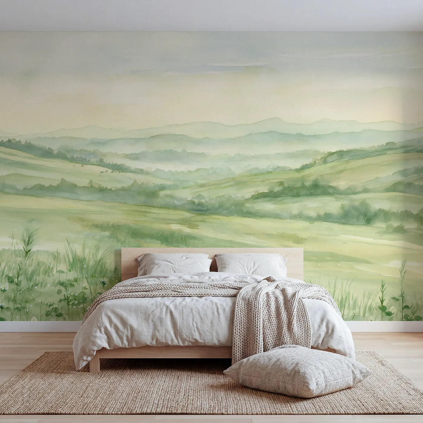 Watercolor wall mural of rolling pastures at dawn by Whimsy Tots