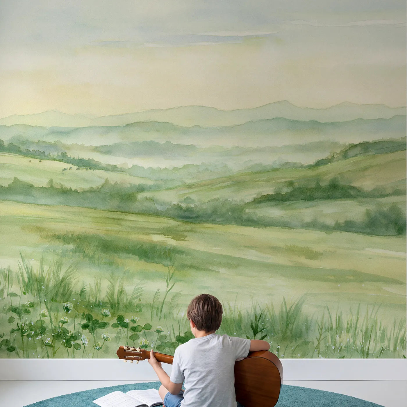 Child in nursery with Rolling Pasture Dawn Wallpaper Mural by Whimsy Tots