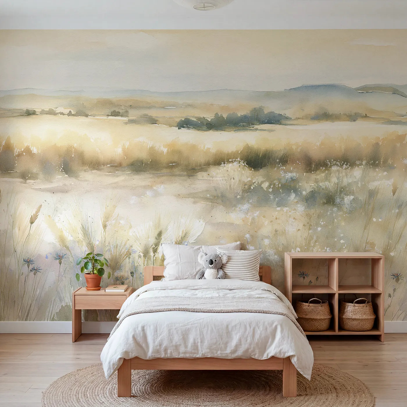 Watercolor wall mural of a golden wheat field by Whimsy Tots