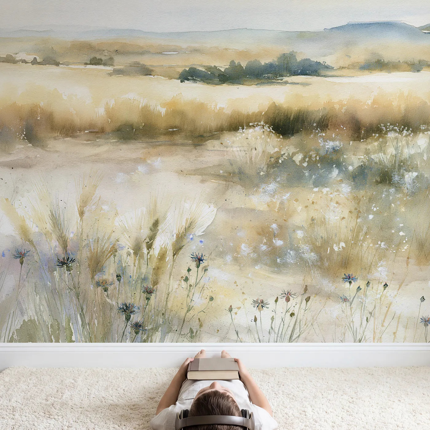 Child in nursery with Golden Wheat Haze Wallpaper Mural by Whimsy Tots
