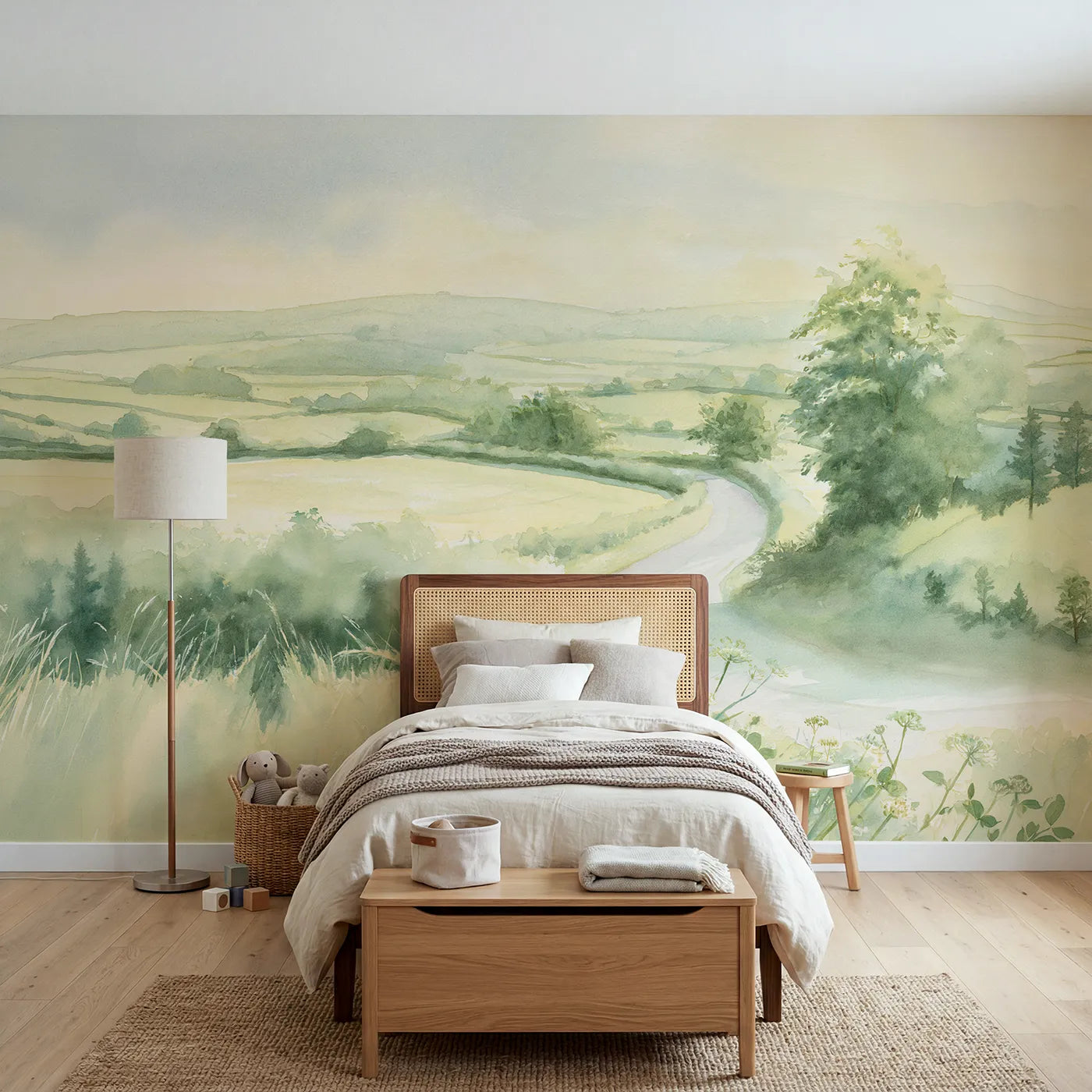 Watercolor wall mural of a quiet country lane by Whimsy Tots